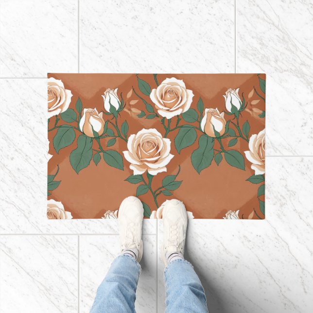 Tapete Pale Green And Cream Roses On A Warm Terracotta  (Interior)