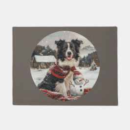 Tapete Pano Collie Dog Snowman na fronteira de Natal