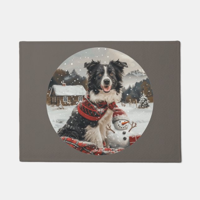 Tapete Pano Collie Dog Snowman na fronteira de Natal (Frente)