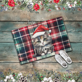 Tapete Papais noeis de Xadrez de Natal Gato com Texto