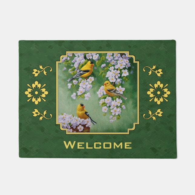Tapete Pássaros Goldfinch e Flores Verde (Frente)