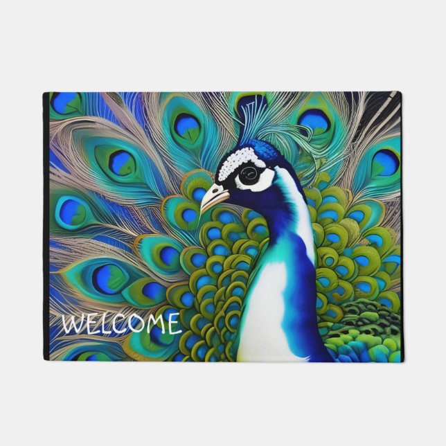 Tapete Peacock Branco Azul e Verde (Frente)