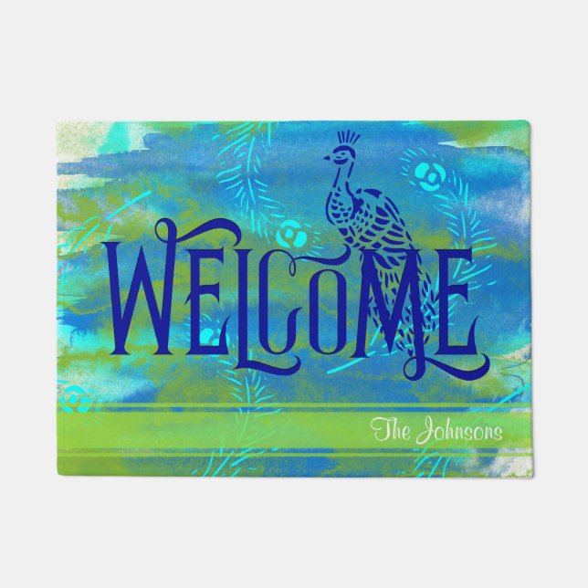 Tapete Peacock Watercolor Welcome Personalizado (Frente)