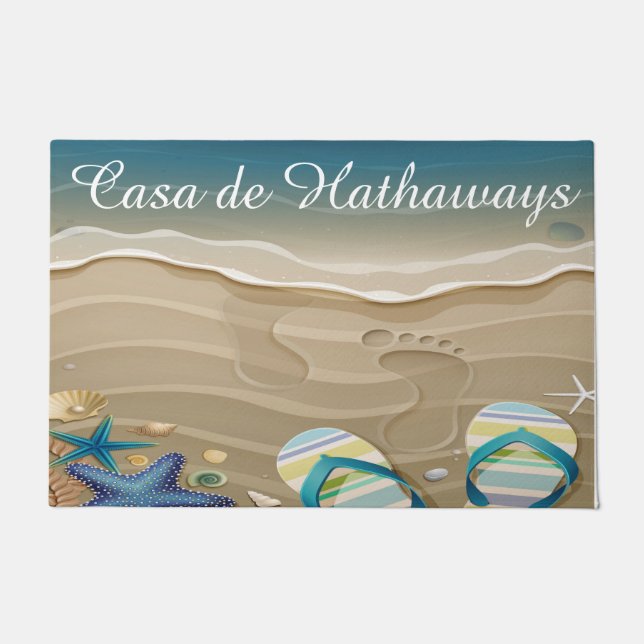 Tapete Pegadas de praia em areia, Chinelos, conchas (Frente)