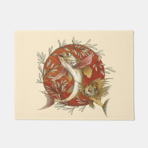 Tapete Peixe Voador Japonês e Folhas de Bambu Arte Vintag
