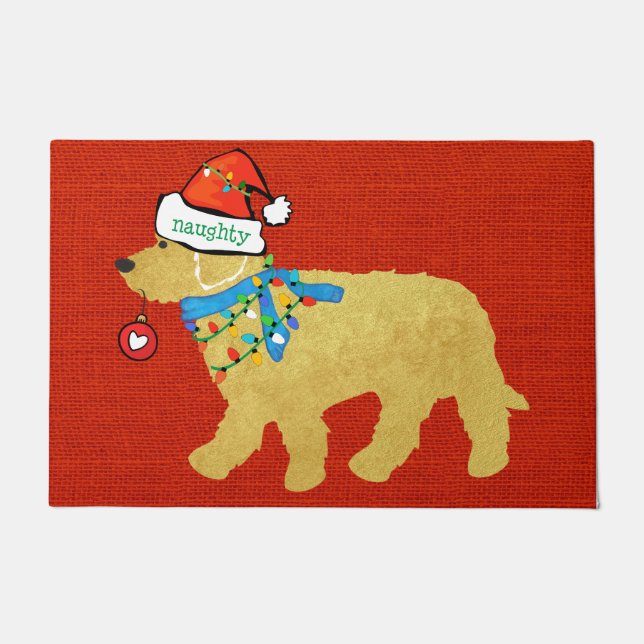 Tapete Péssimo Natal Goldendoodle Xmas Burlap Vermelho (Frente)
