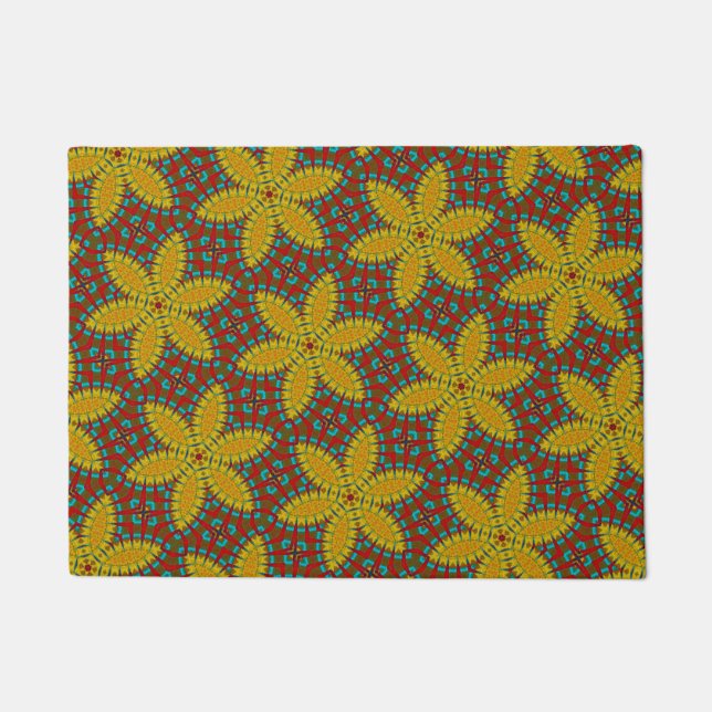 Tapete Pet Mat Tribal de Teal Amarelo e Flores Vermelhas (Frente)