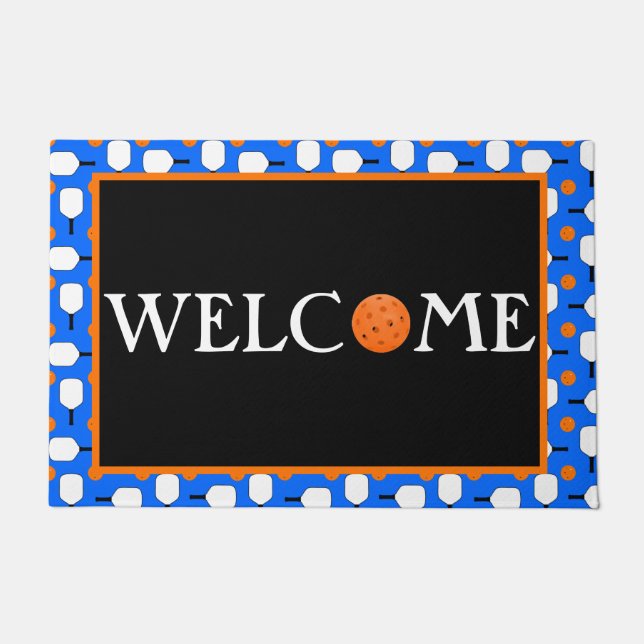 Tapete Pickleball Paddles Laranja Picklebolas Azul Boas-v (Frente)