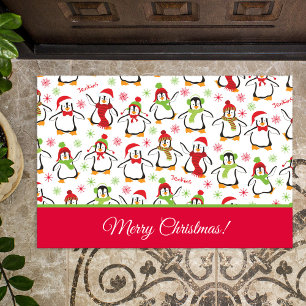 Tapete Pinguins Vermelho e Verde Padrão Feliz Natal