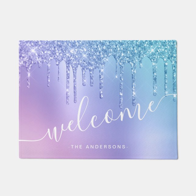 Tapete pintinho Elegante gotas de brilho azul e roxo (Frente)