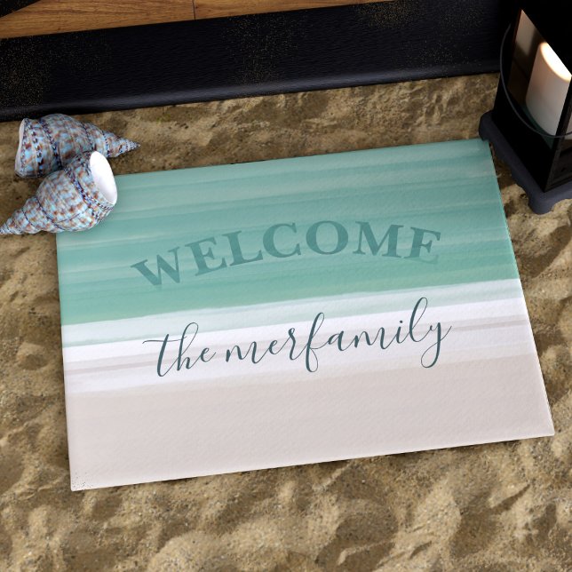 Tapete Porta-Boas-Vindas da Praia Moderna Turquoise Ocean (An ocean beach themed doormat to welcome your guests at your Beach House. Just add your name)