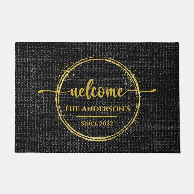 Tapete Porta Burlap Simples de Nome da Família Preta e Do (Frente)