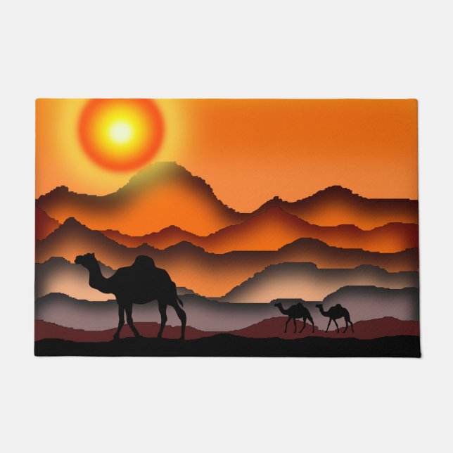 Tapete Porta com Camelos no Deserto Sunset (Frente)