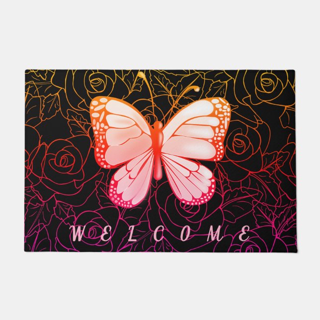Tapete Porta da Borboleta com Rosas - Bem-vindo (Frente)
