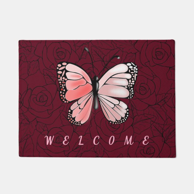 Tapete Porta da Borboleta Rosa com Rosas Bem-vindos (Frente)