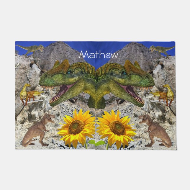 Tapete Porta do Dinossauro Floral de Girassol (Frente)