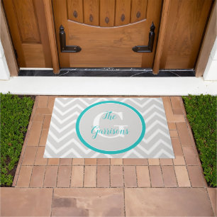 Tapete Porta do Monograma Chevron Teal