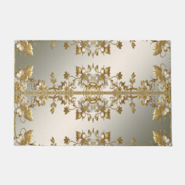 Tapete Porta do Ornamentado Dourado Floral Branco