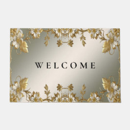 Tapete Porta do Ornamentado Dourado Floral Branco