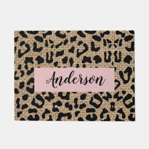 Tapete Porta do Sobrenome Leopard Burlap Personalizada