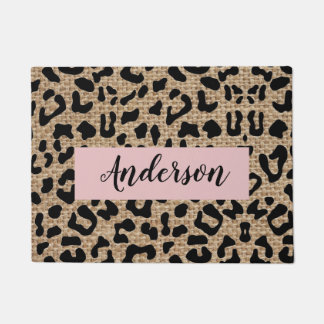 Tapete Porta do Sobrenome Leopard Burlap Personalizada