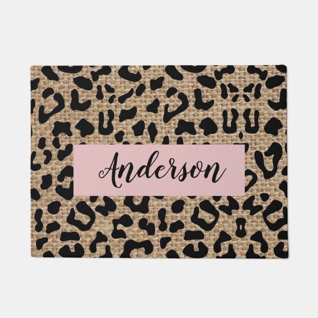 Tapete Porta do Sobrenome Leopard Burlap Personalizada (Frente)