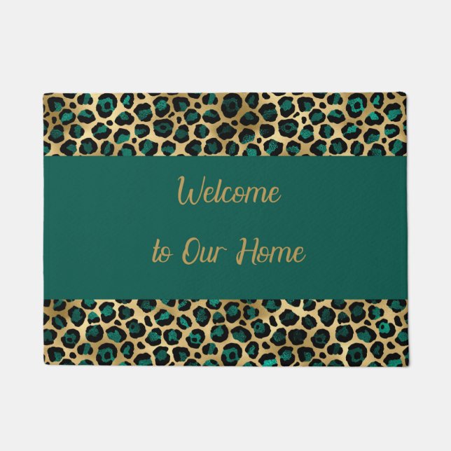 Tapete Porta em Faux Dourada e Teal Leopard Design (Frente)
