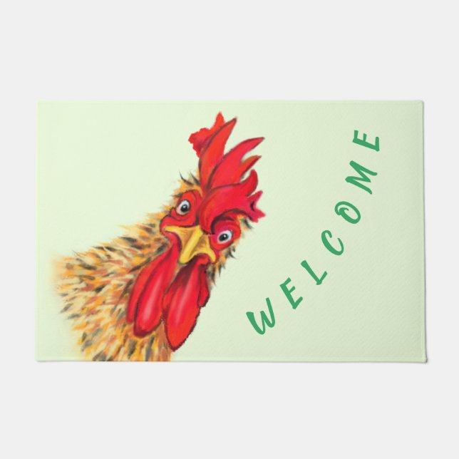 Tapete Porta Engraçada com Rooster Surpreendido - Texto P (Frente)