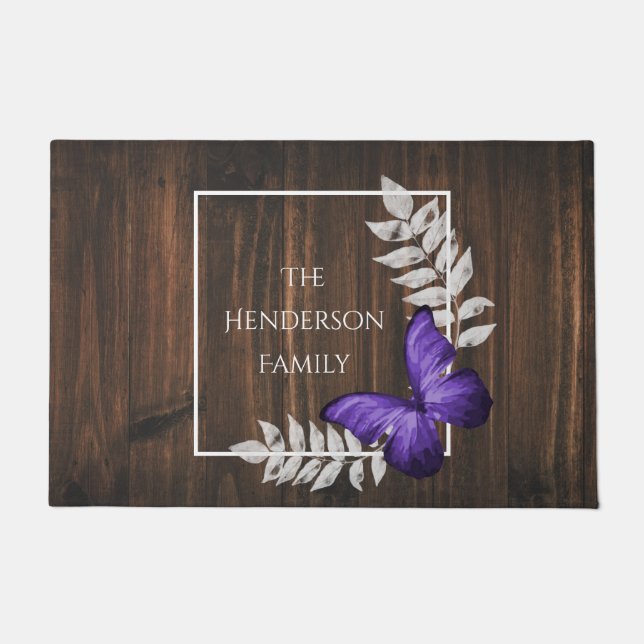 Tapete Porta Personalizada da Borboleta Roxa Rústica (Frente)