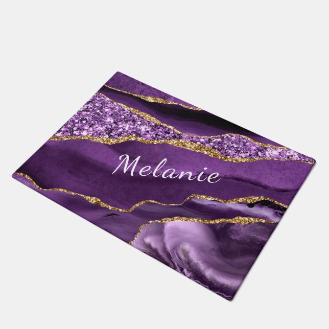 Tapete Porta Personalizada de Nome Dourado Roxo Personali (Inclinado)