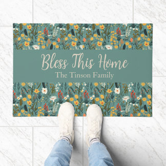 Tapete Porta Personalizável Floral "Bless This Home"