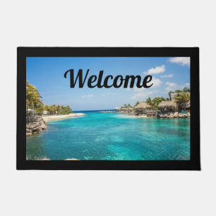 Tapete Praia Cênica Tropical com Thatch Huts bem-vindos