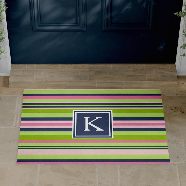 Tapete Preppy Lime, Pink and Navy Stripe Monogram (Criador carregado)