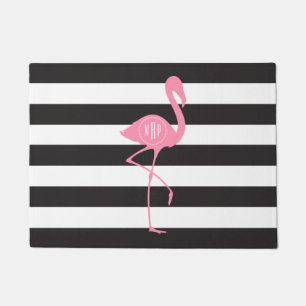 Tapete Preto + O branco listra o Doormat do flamingo do