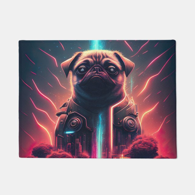 Tapete Pug Adorável no Figurino Robô Futurístico (Frente)