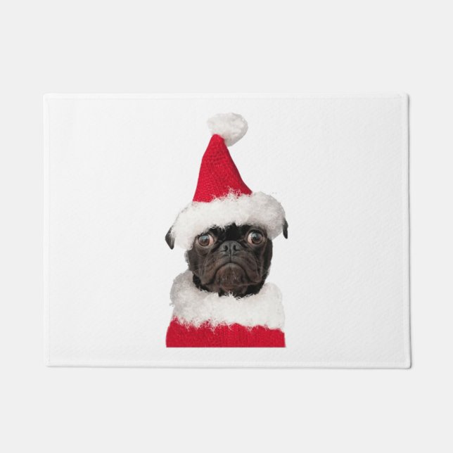 Tapete Pug preto giro no Natal Santa Hat (Frente)