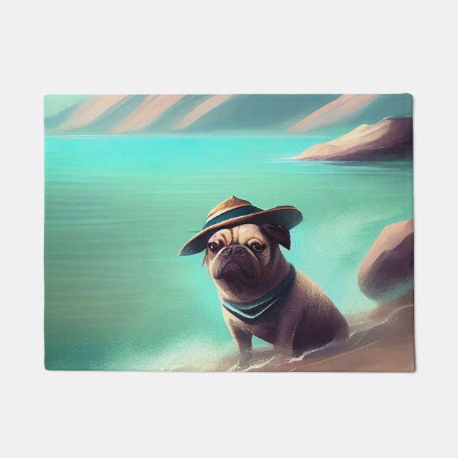 Tapete Pug se divertindo na pintura de praia (Frente)