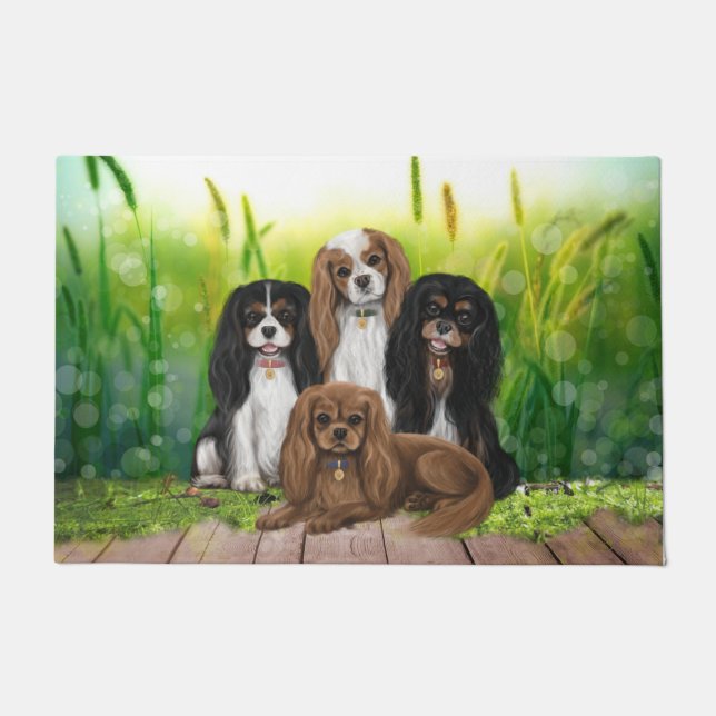 Tapete Quatro Cavaleiros Rei Charles Spaniels em Flores (Frente)