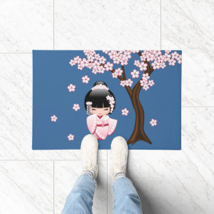 Tapete Quimono Rosa Boneca Kawaii Kokeshi em Azul