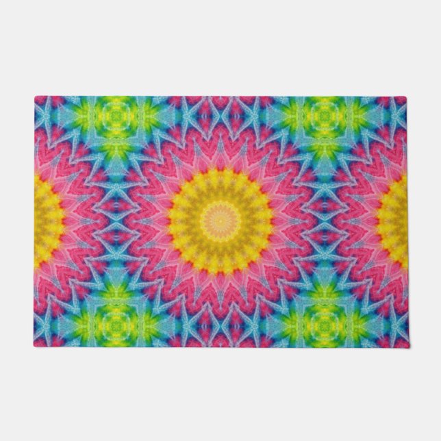 Tapete Rainbow Tie-Dye Mandala com Simetria Vibrante (Frente)