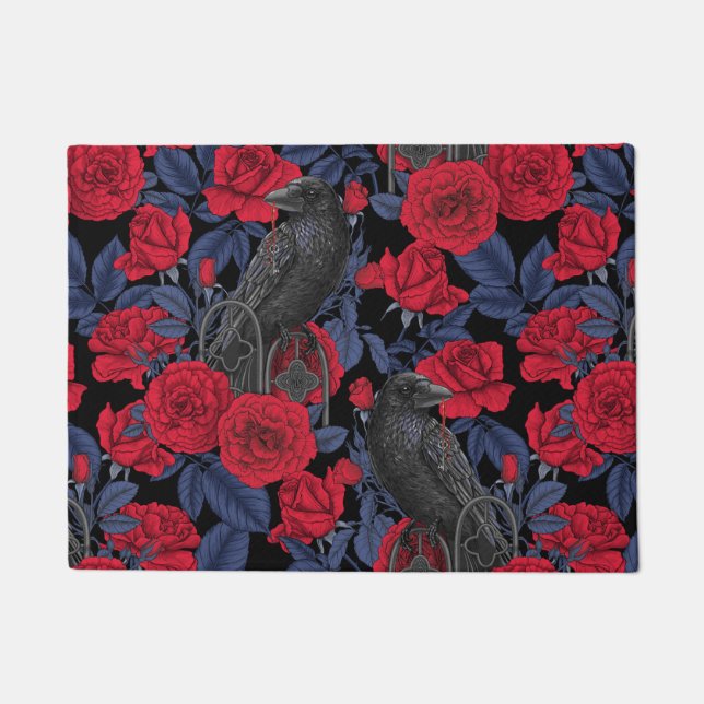 Tapete Ravens e rosas com folhas azuis escuras (Frente)
