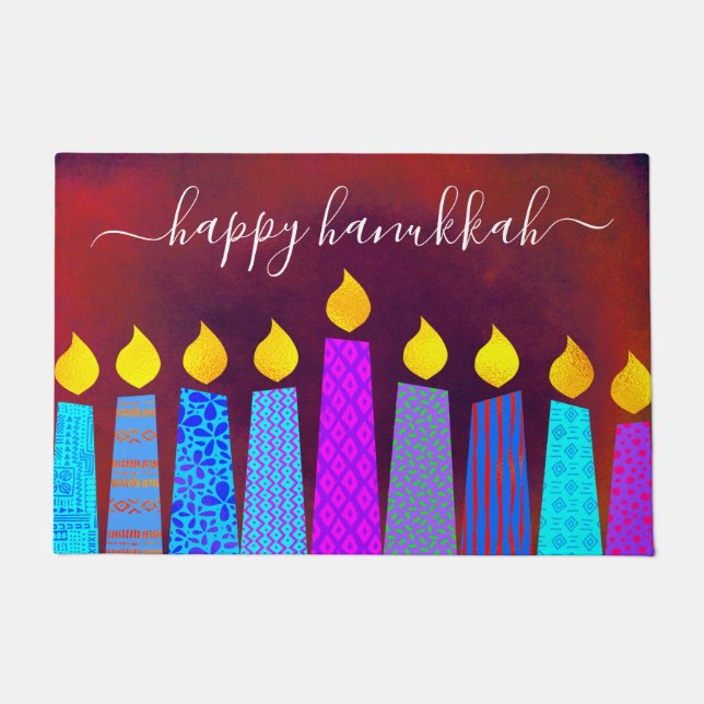 Tapete Red Happy Hanukkah Script Boho Candles Negrito Mod (Frente)