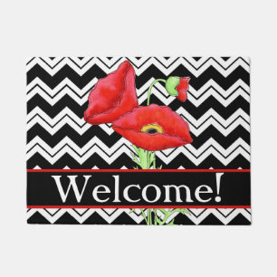 Tapete Red Poppy Bem-vindo Chevron Branco Negro ZigZag