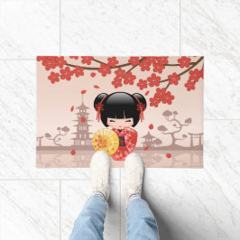 Tapete Red Sakura Kokeshi Doll - Geisha Japonês