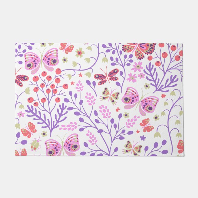 Tapete Rosa De Borboletas Coloridas E Flores (Frente)