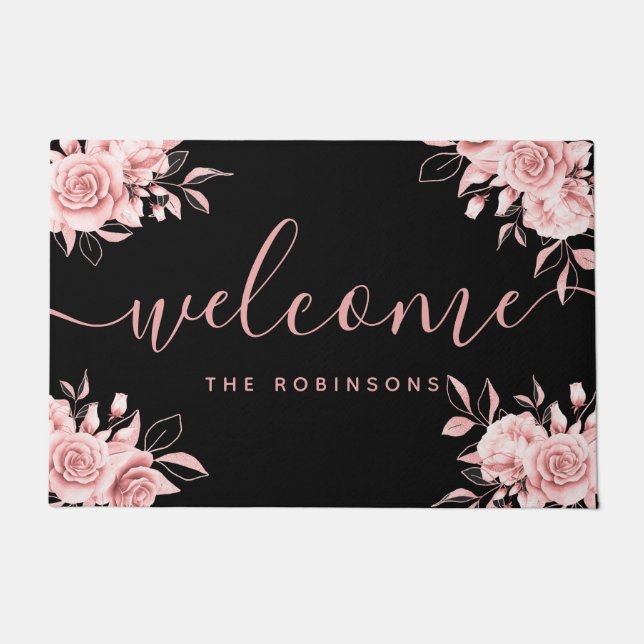 Tapete Rosa Dourado Black Floral Welcome Family Name Door (Frente)