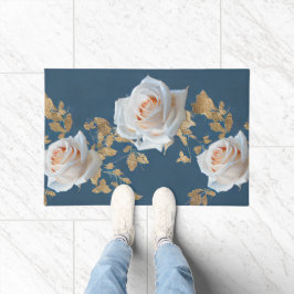 Tapete Rosas brancas e folhas de ouro sobre fundo azul