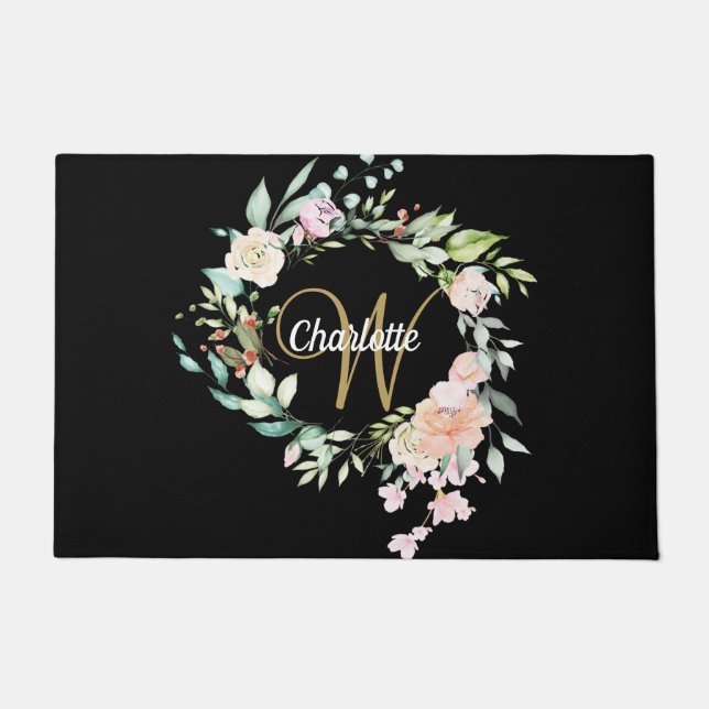 Tapete Rosas Elegantes Monograma de Script Dourado Floral (Frente)
