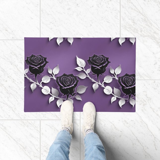 Tapete Rosas Pretas Elegantes Com Folhas de Prata (Interior)