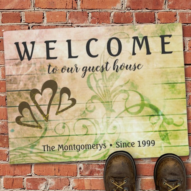 Tapete Ruim Wood Welcome Heart Custom Name Doormat (Criador carregado)